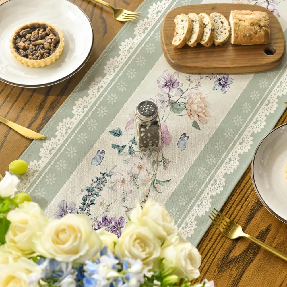 Green Printed Lace Floral 210 GSM Spring Table Runner, Seasonal Summer Kitchen Dining Table Decoration for Home Party Decor 13x72 Inch