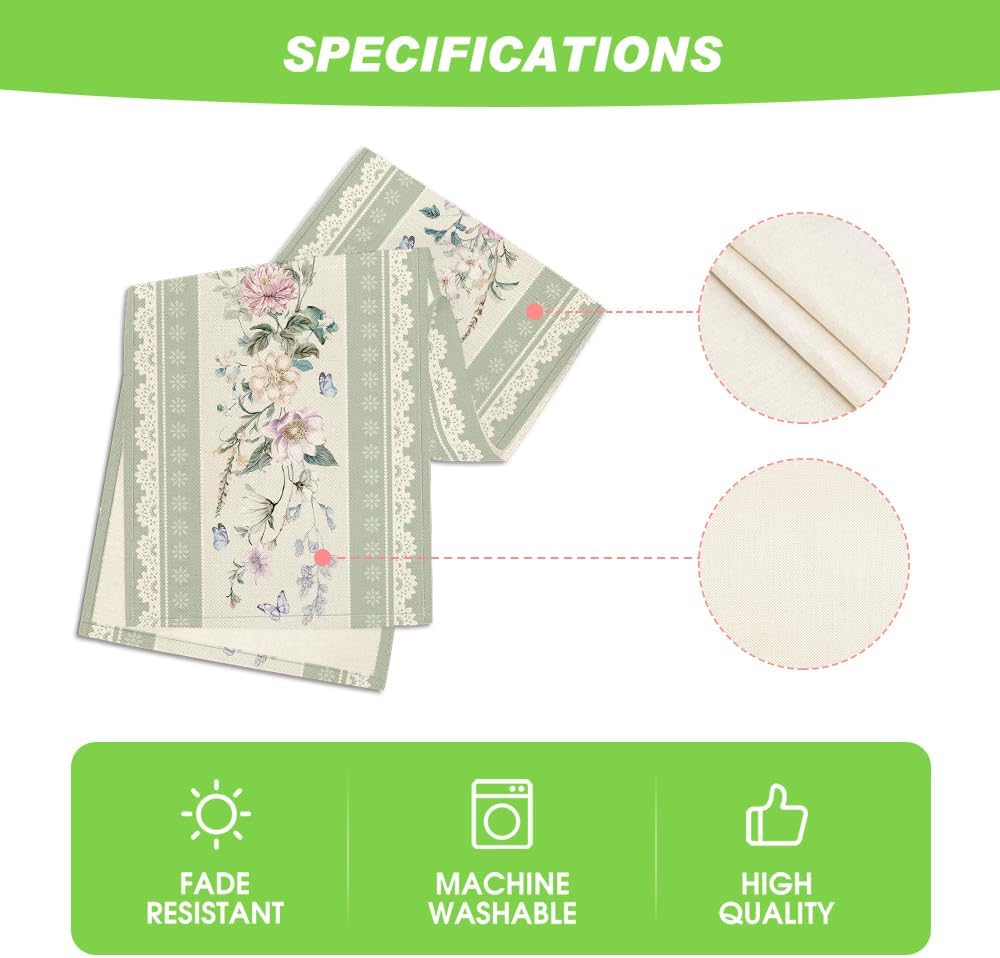 Green Printed Lace Floral 210 GSM Spring Table Runner, Seasonal Summer Kitchen Dining Table Decoration for Home Party Decor 13x72 Inch