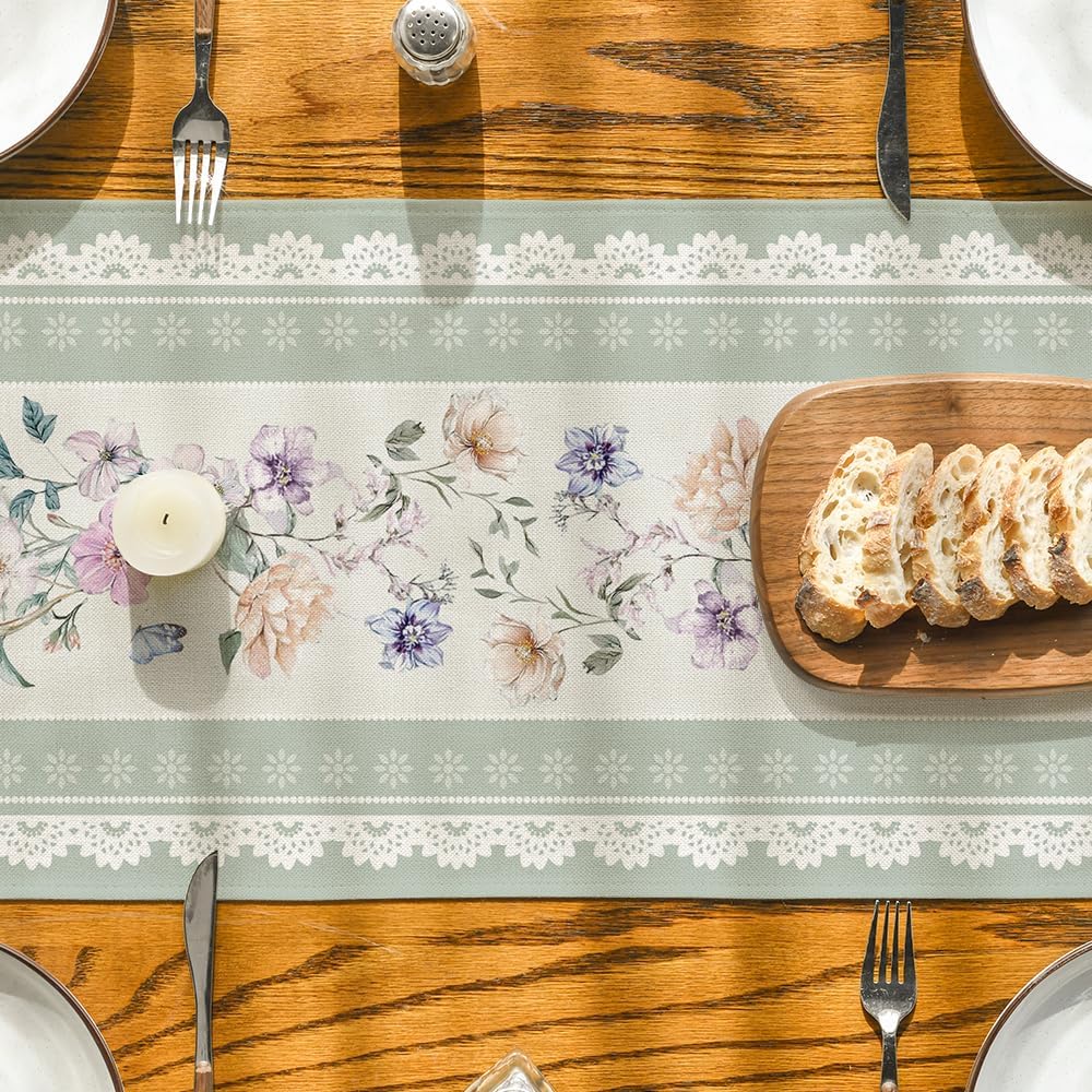 Green Printed Lace Floral 210 GSM Spring Table Runner, Seasonal Summer Kitchen Dining Table Decoration for Home Party Decor 13x72 Inch
