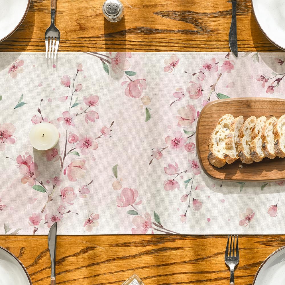 Floral Cherry Blossoms Branches Summer Table Runner, Seasonal Spring Kitchen Dining Table Decoration for Home Party Decor 13x72 Inch