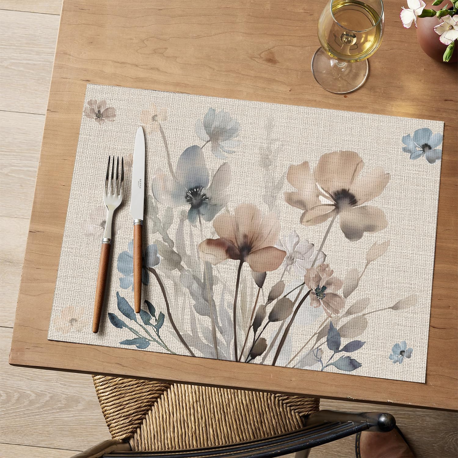 Brown Poppy Floral Vinyl Plastic Placemats Set of 4, Washable Non-Slip PVC Table Mats for Party Kitchen Dining Decor, 12x18 Inch