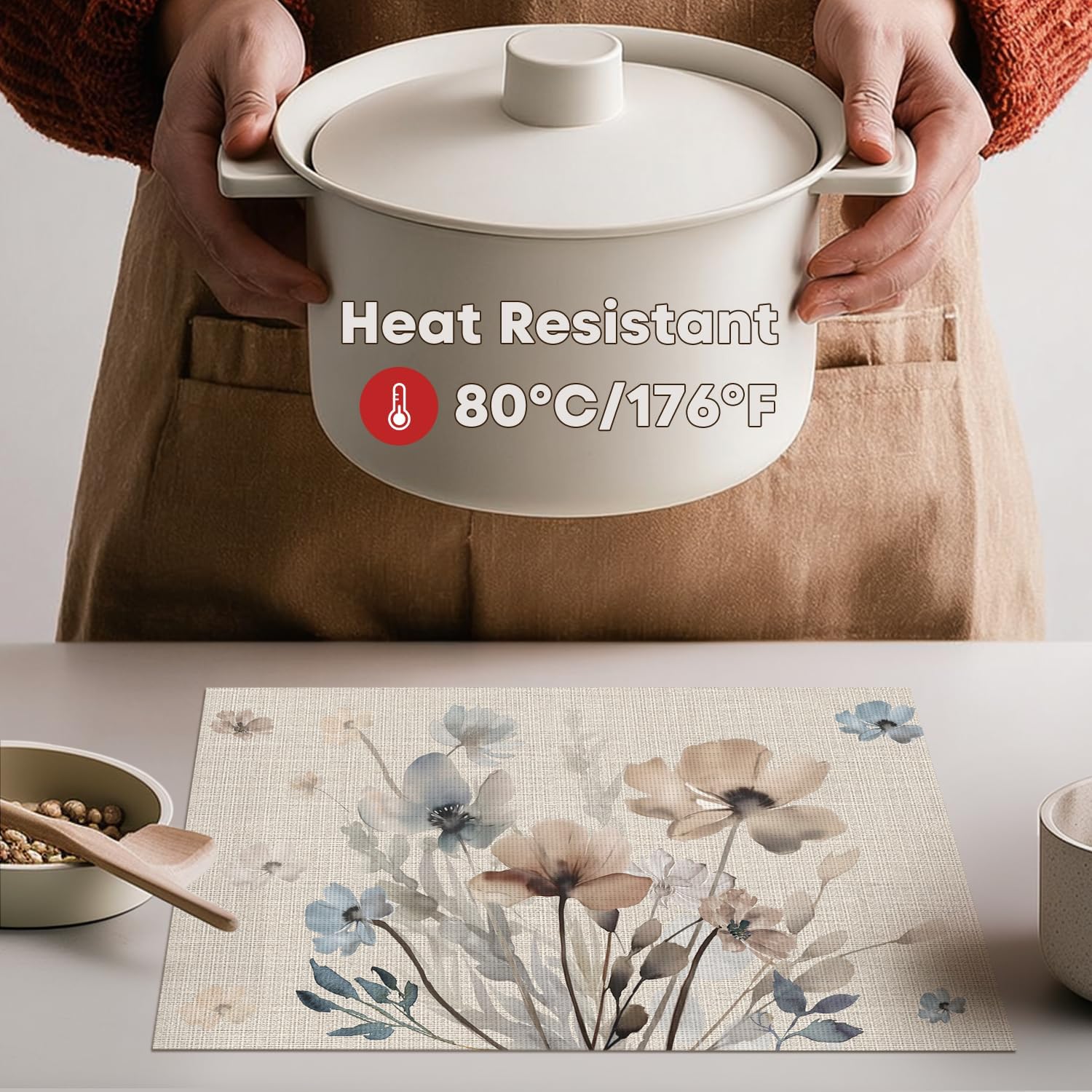 Brown Poppy Floral Vinyl Plastic Placemats Set of 4, Washable Non-Slip PVC Table Mats for Party Kitchen Dining Decor, 12x18 Inch
