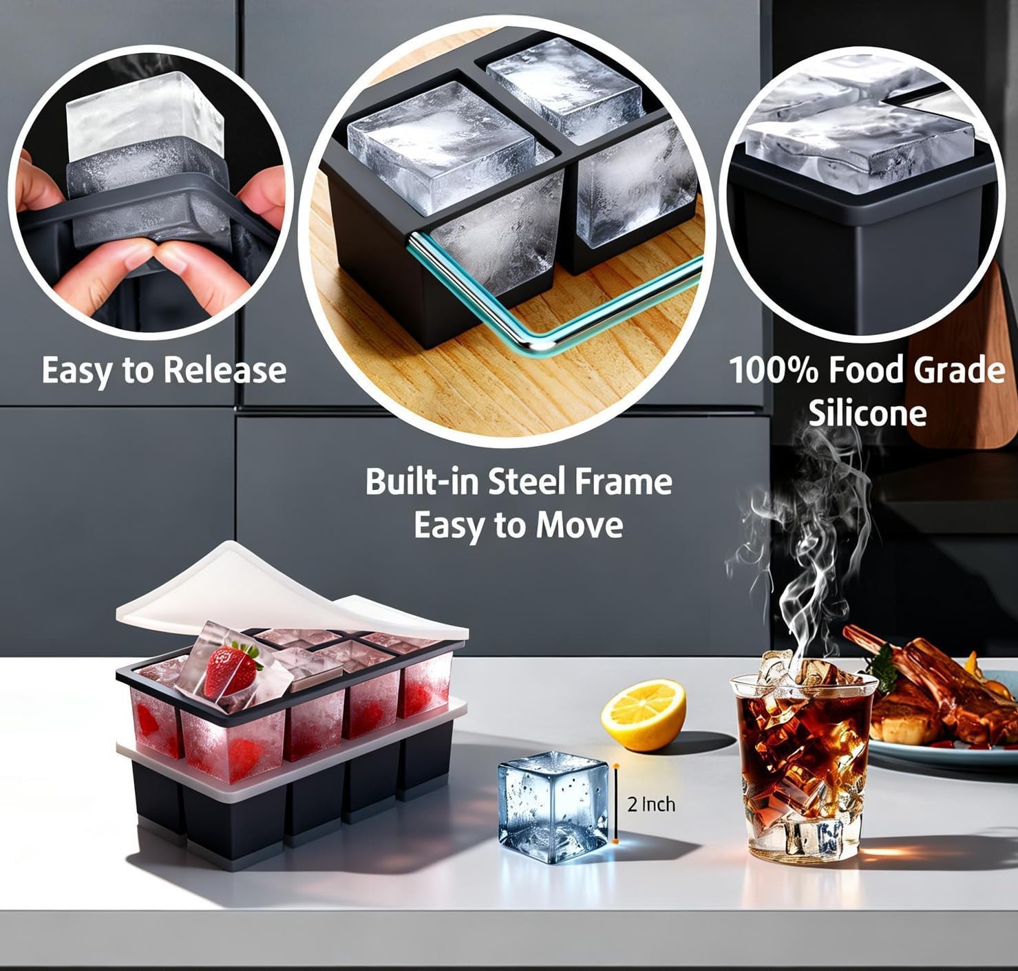 2-Pack Large Ice Cube Trays for Whiskey, Stackable & Easy-Release Silicone Square 2-inch Ice Cube Maker Mold with Lid for Freezer, Cocktail, Bourbon, Drinks