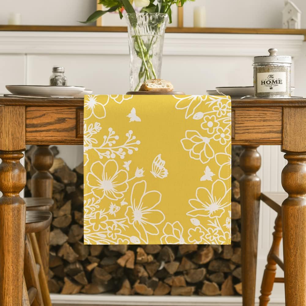 Yellow Bloom Flowers Butterfly Spring Table Runner, Seasonal Holiday Kitchen Dining Table Decoration for Home Party Indoor 13x72 Inch