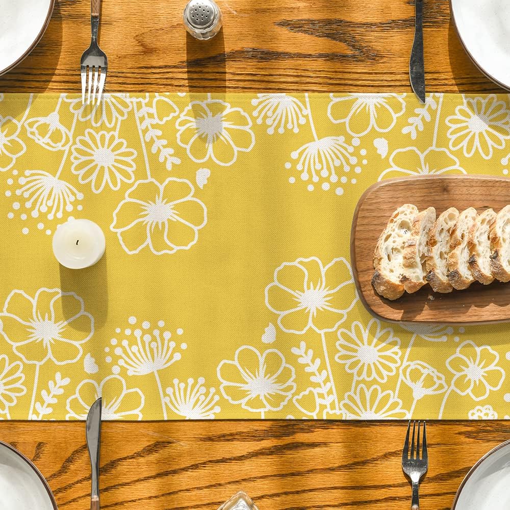 Yellow Bloom Flowers Butterfly Spring Table Runner, Seasonal Holiday Kitchen Dining Table Decoration for Home Party Indoor 13x72 Inch