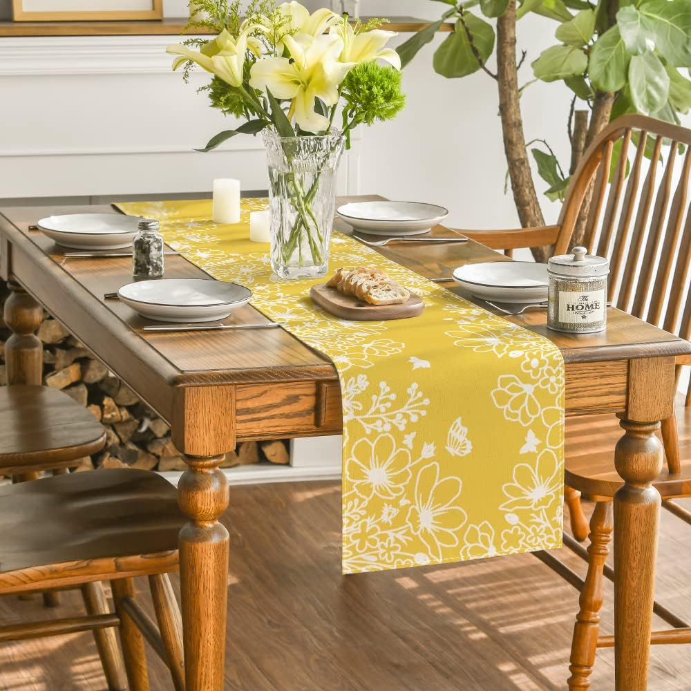 Yellow Bloom Flowers Butterfly Spring Table Runner, Seasonal Holiday Kitchen Dining Table Decoration for Home Party Indoor 13x72 Inch