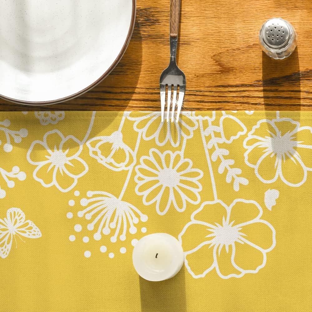 Yellow Bloom Flowers Butterfly Spring Table Runner, Seasonal Holiday Kitchen Dining Table Decoration for Home Party Indoor 13x72 Inch