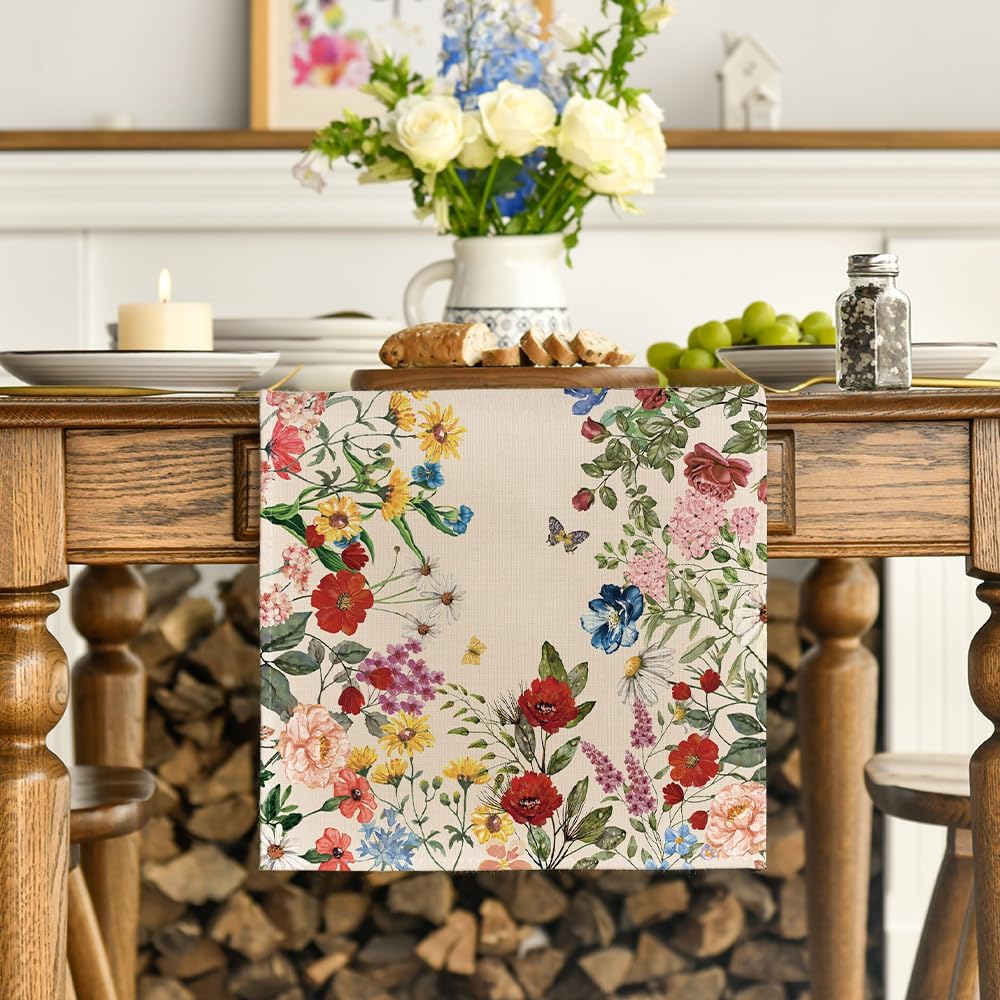 Plants Floral Butterfly Valentine's Day Table Runner, Anniversary Wedding Kitchen Dining Table Decoration for Home Party Decor 13x72 Inch
