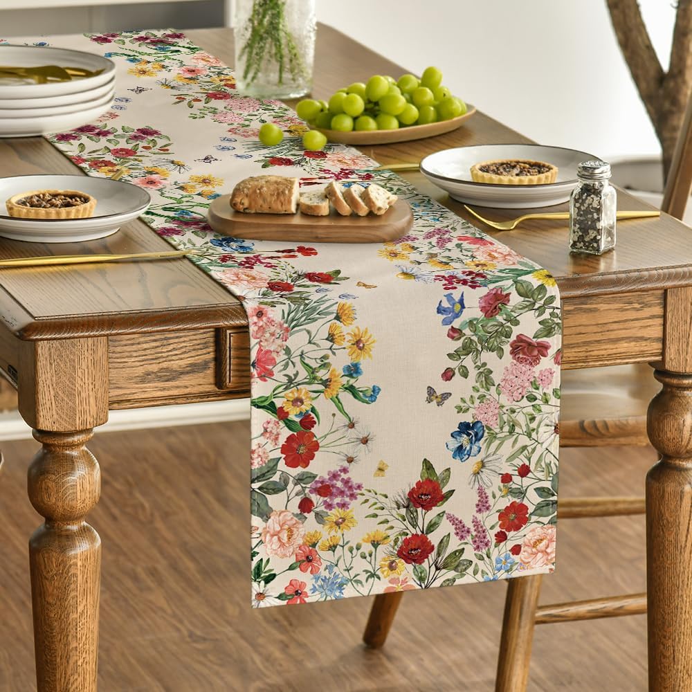 Plants Floral Butterfly Valentine's Day Table Runner, Anniversary Wedding Kitchen Dining Table Decoration for Home Party Decor 13x72 Inch