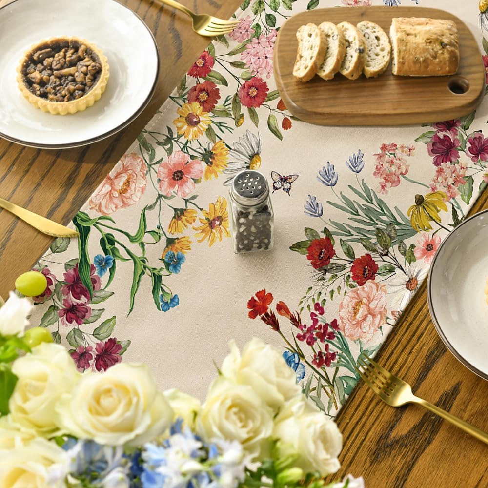 Plants Floral Butterfly Valentine's Day Table Runner, Anniversary Wedding Kitchen Dining Table Decoration for Home Party Decor 13x72 Inch