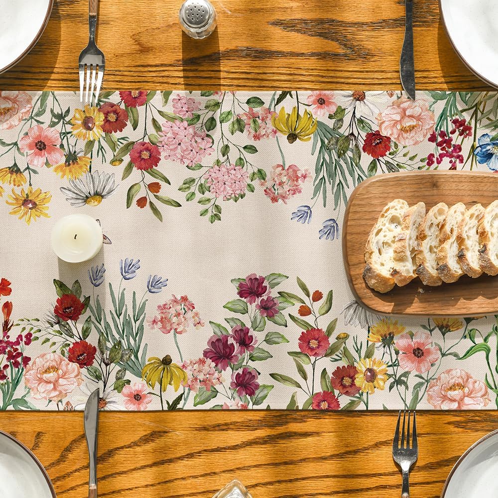 Plants Floral Butterfly Valentine's Day Table Runner, Anniversary Wedding Kitchen Dining Table Decoration for Home Party Decor 13x72 Inch