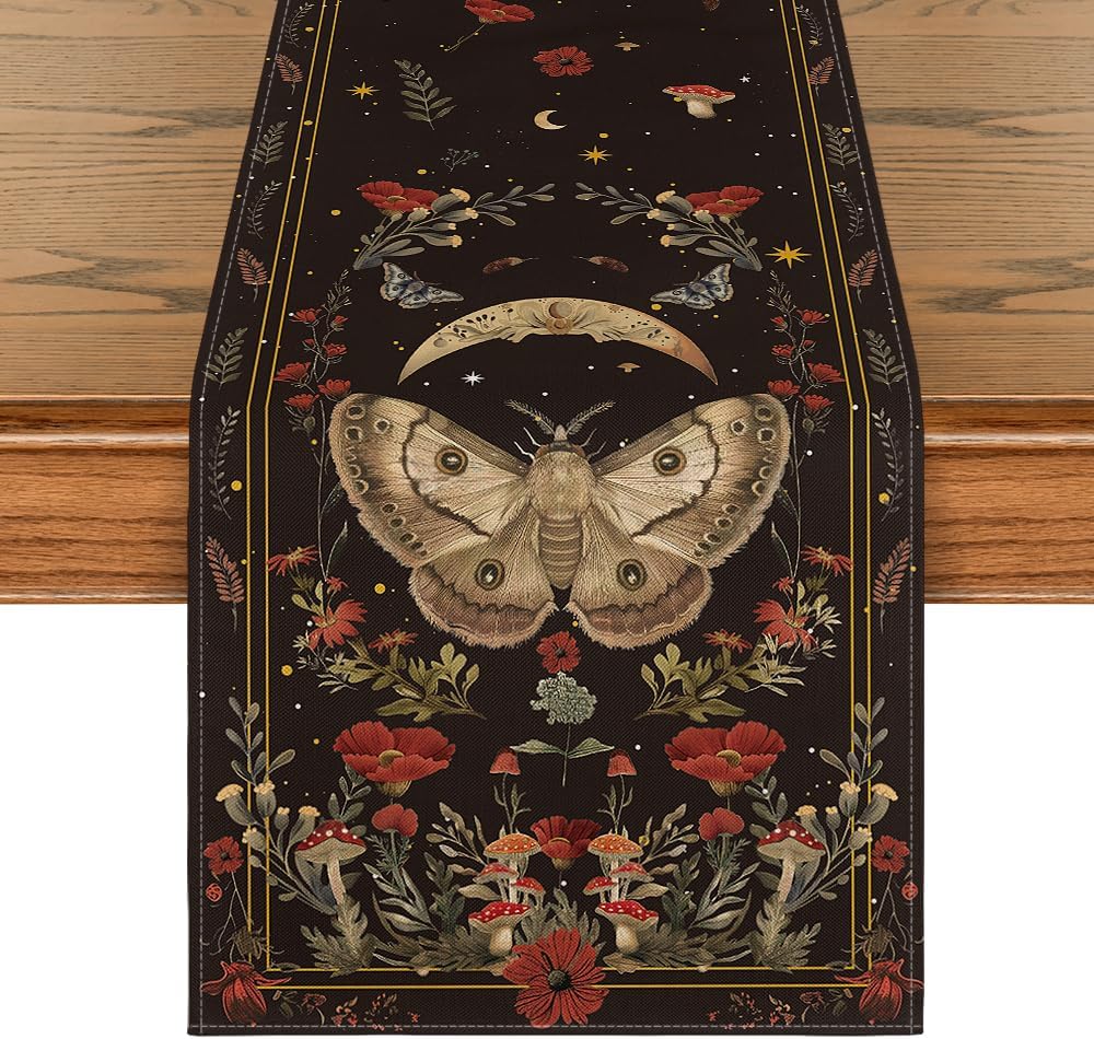 Poppy Moth Mushroom Moon Fall Table Runner, Seasonal Autumn Kitchen Dining Table Decoration for Home Party Decor 13x72 Inch