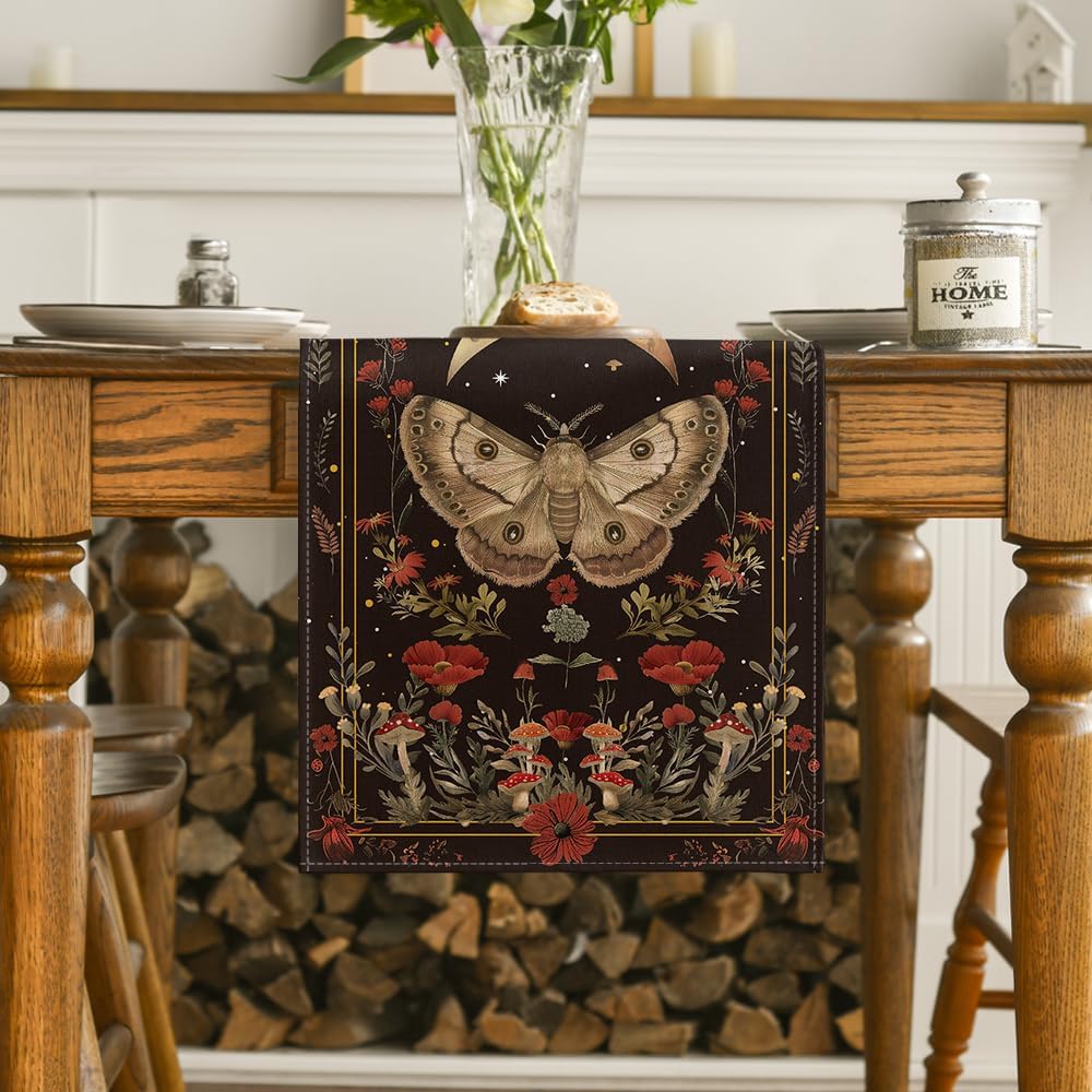 Poppy Moth Mushroom Moon Fall Table Runner, Seasonal Autumn Kitchen Dining Table Decoration for Home Party Decor 13x72 Inch