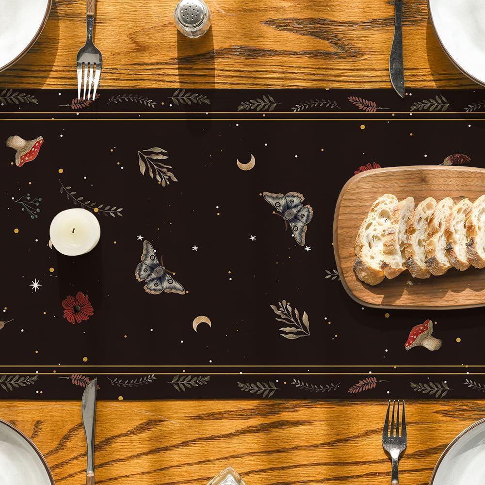 Poppy Moth Mushroom Moon Fall Table Runner, Seasonal Autumn Kitchen Dining Table Decoration for Home Party Decor 13x72 Inch