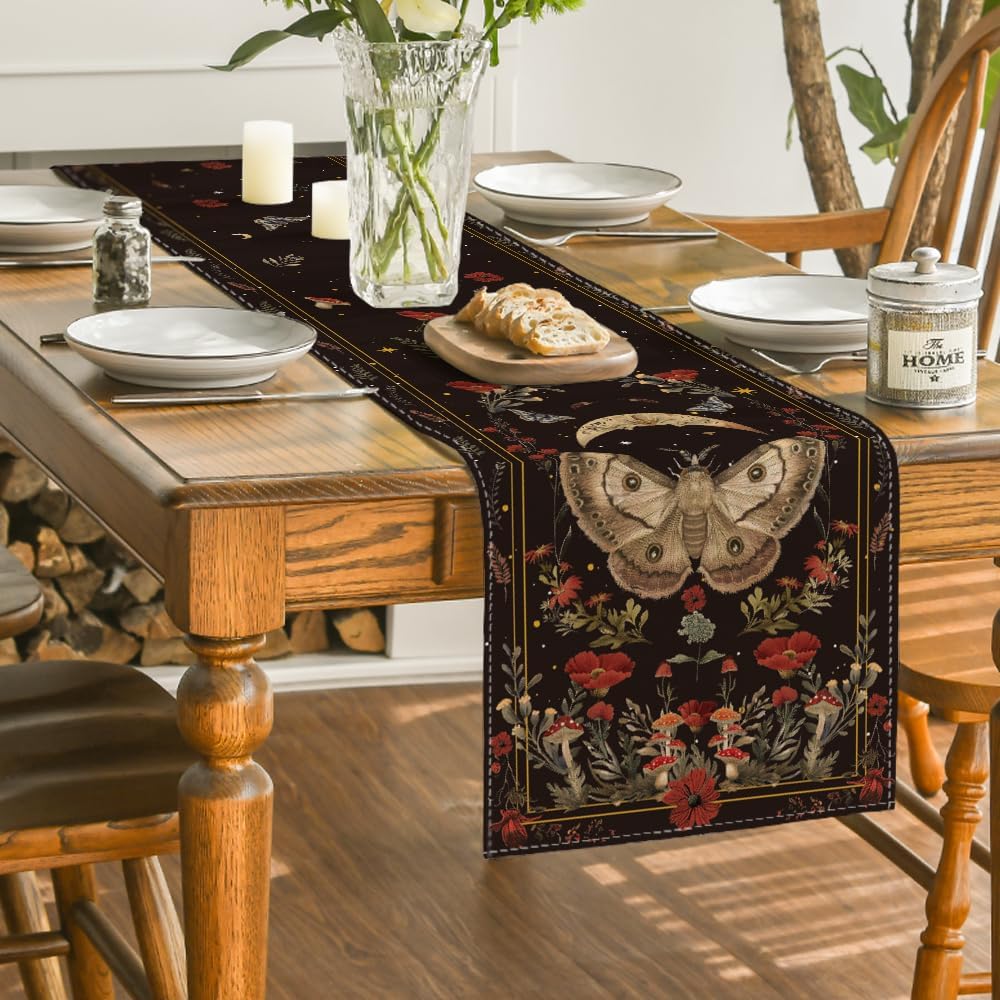 Poppy Moth Mushroom Moon Fall Table Runner, Seasonal Autumn Kitchen Dining Table Decoration for Home Party Decor 13x72 Inch