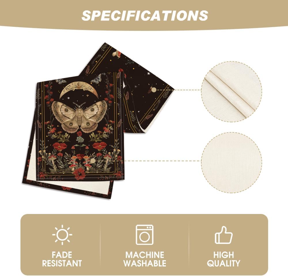 Poppy Moth Mushroom Moon Fall Table Runner, Seasonal Autumn Kitchen Dining Table Decoration for Home Party Decor 13x72 Inch