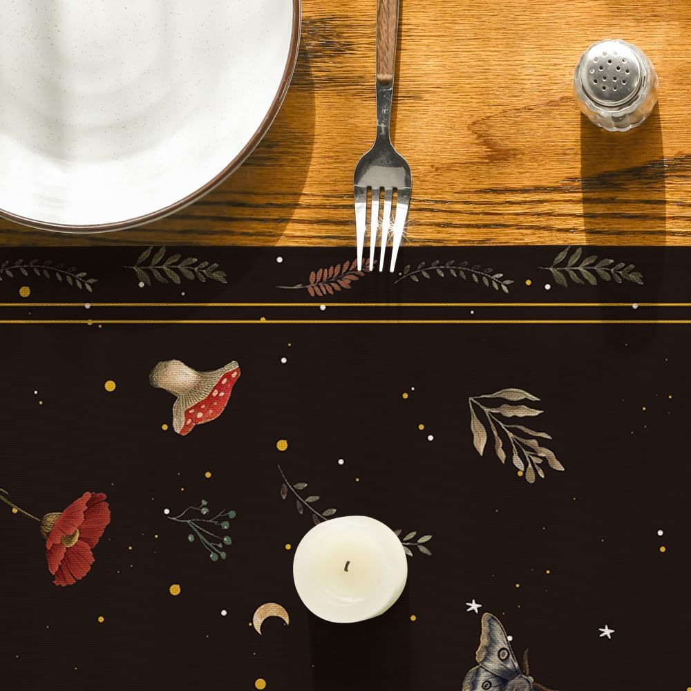 Poppy Moth Mushroom Moon Fall Table Runner, Seasonal Autumn Kitchen Dining Table Decoration for Home Party Decor 13x72 Inch