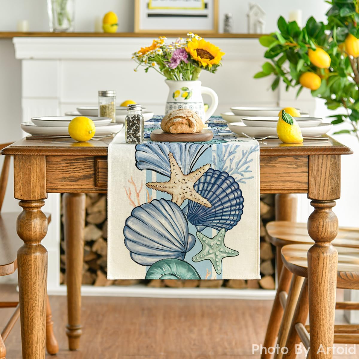 Sea Shell Starfish Summer Table Runner,Spring Ocean Kitchen Dining Table Decoration for Home Party Decor 13x72 Inch