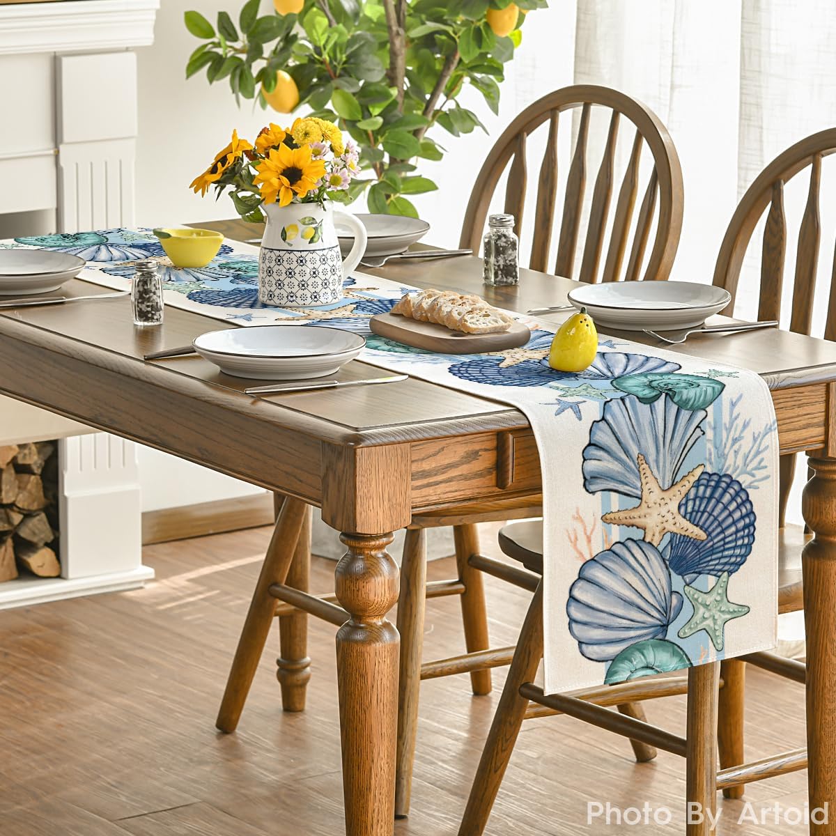 Sea Shell Starfish Summer Table Runner,Spring Ocean Kitchen Dining Table Decoration for Home Party Decor 13x72 Inch