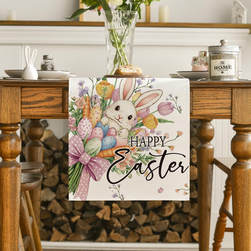 Bow Bunny Eggs Happy Easter Table Runner,Seasonal Spring Flowers Carrots Kitchen Dining Table Decoration for Home Party Decor 13x72 Inch