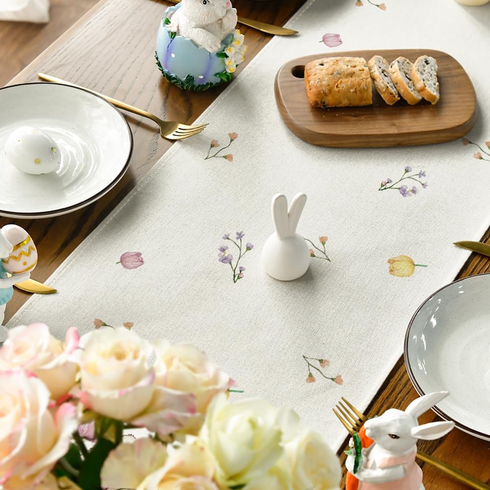 Bow Bunny Eggs Happy Easter Table Runner,Seasonal Spring Flowers Carrots Kitchen Dining Table Decoration for Home Party Decor 13x72 Inch