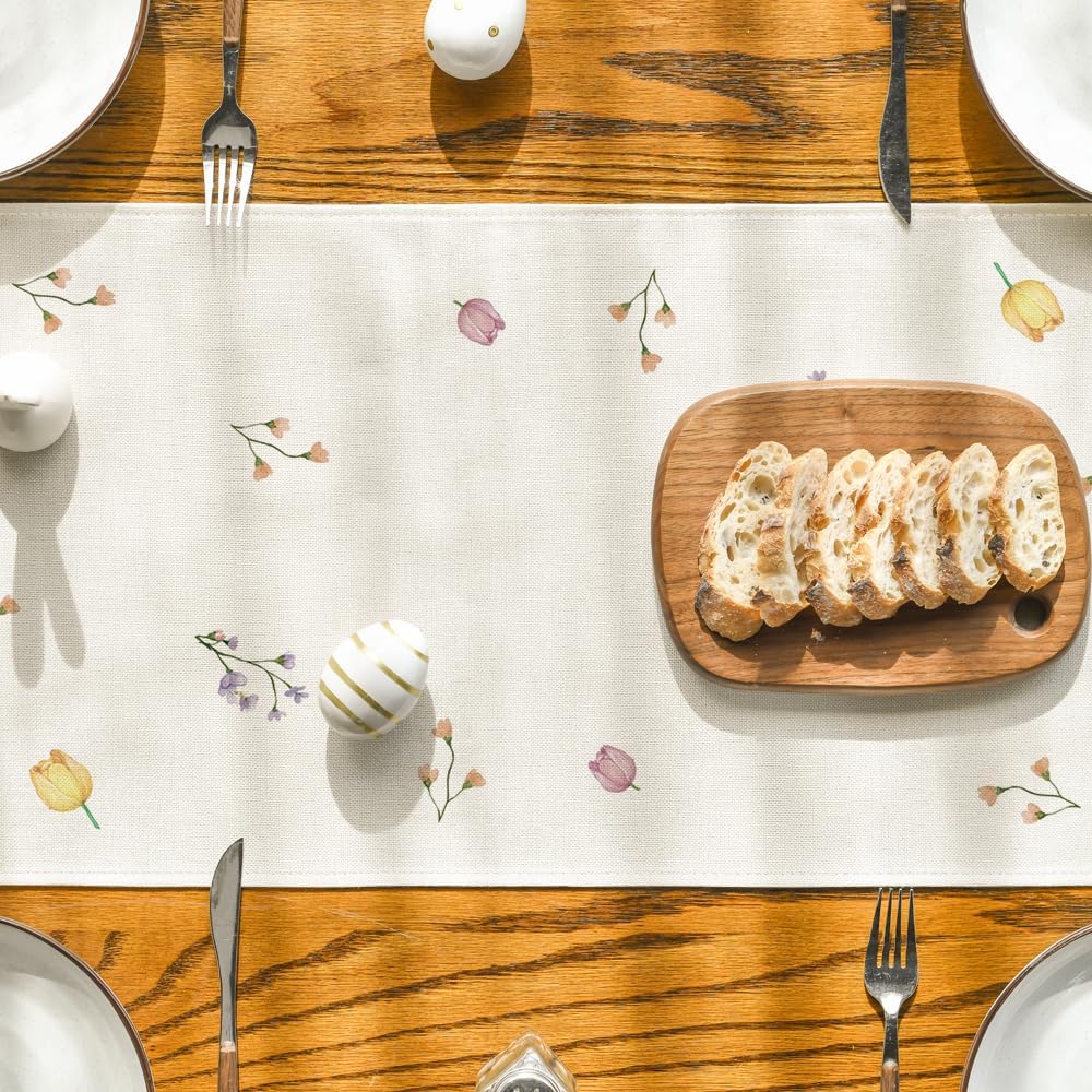 Bow Bunny Eggs Happy Easter Table Runner,Seasonal Spring Flowers Carrots Kitchen Dining Table Decoration for Home Party Decor 13x72 Inch