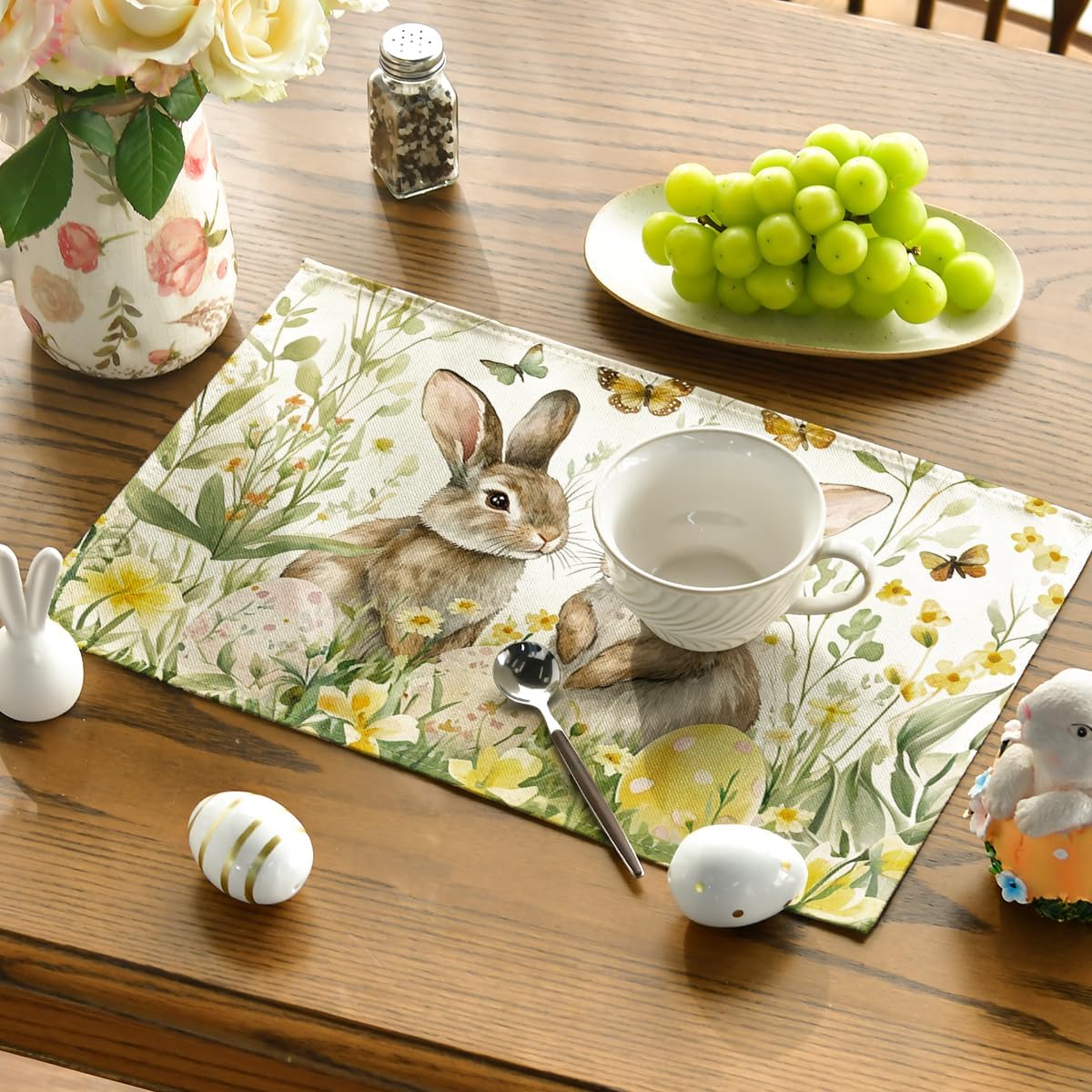 Egg Bunny Rabbit Butterfly Floral Easter Placemats Set of 4, 12x18 Inch Spring Table Mats for Outdoor Home Party Kitchen Dining Decor