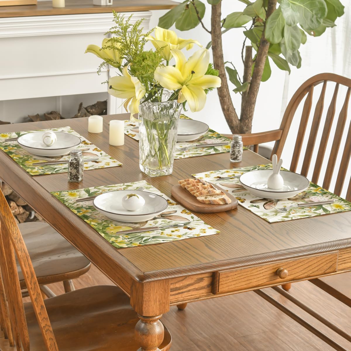 Egg Bunny Rabbit Butterfly Floral Easter Placemats Set of 4, 12x18 Inch Spring Table Mats for Outdoor Home Party Kitchen Dining Decor