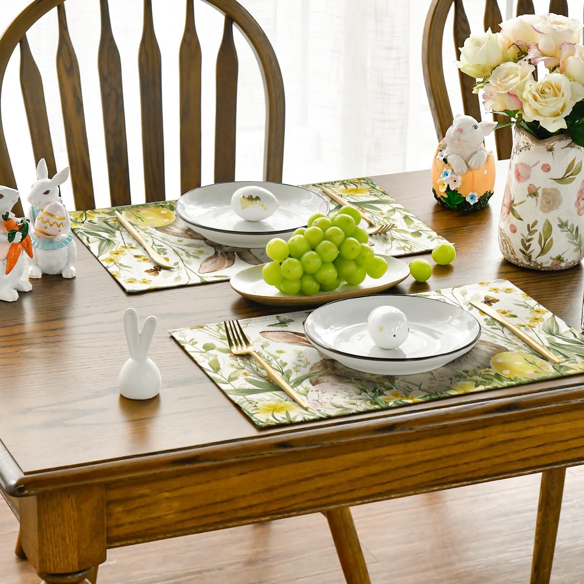 Egg Bunny Rabbit Butterfly Floral Easter Placemats Set of 4, 12x18 Inch Spring Table Mats for Outdoor Home Party Kitchen Dining Decor