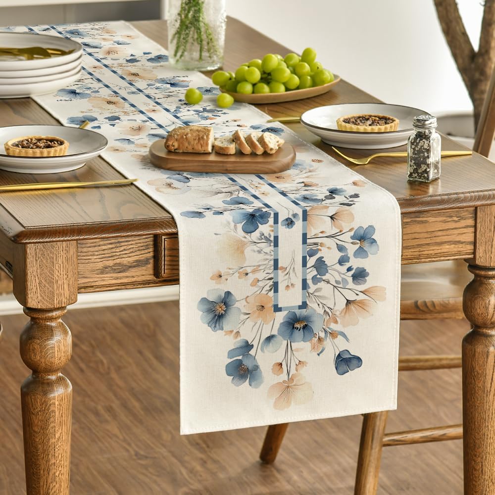 Bloom Flowers Floral Weeds Spring Table Runner, Seasonal Summer Kitchen Dining Table Decoration for Home Party Decor 13x72 Inch