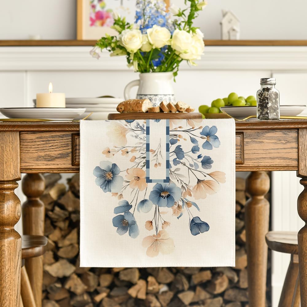 Bloom Flowers Floral Weeds Spring Table Runner, Seasonal Summer Kitchen Dining Table Decoration for Home Party Decor 13x72 Inch