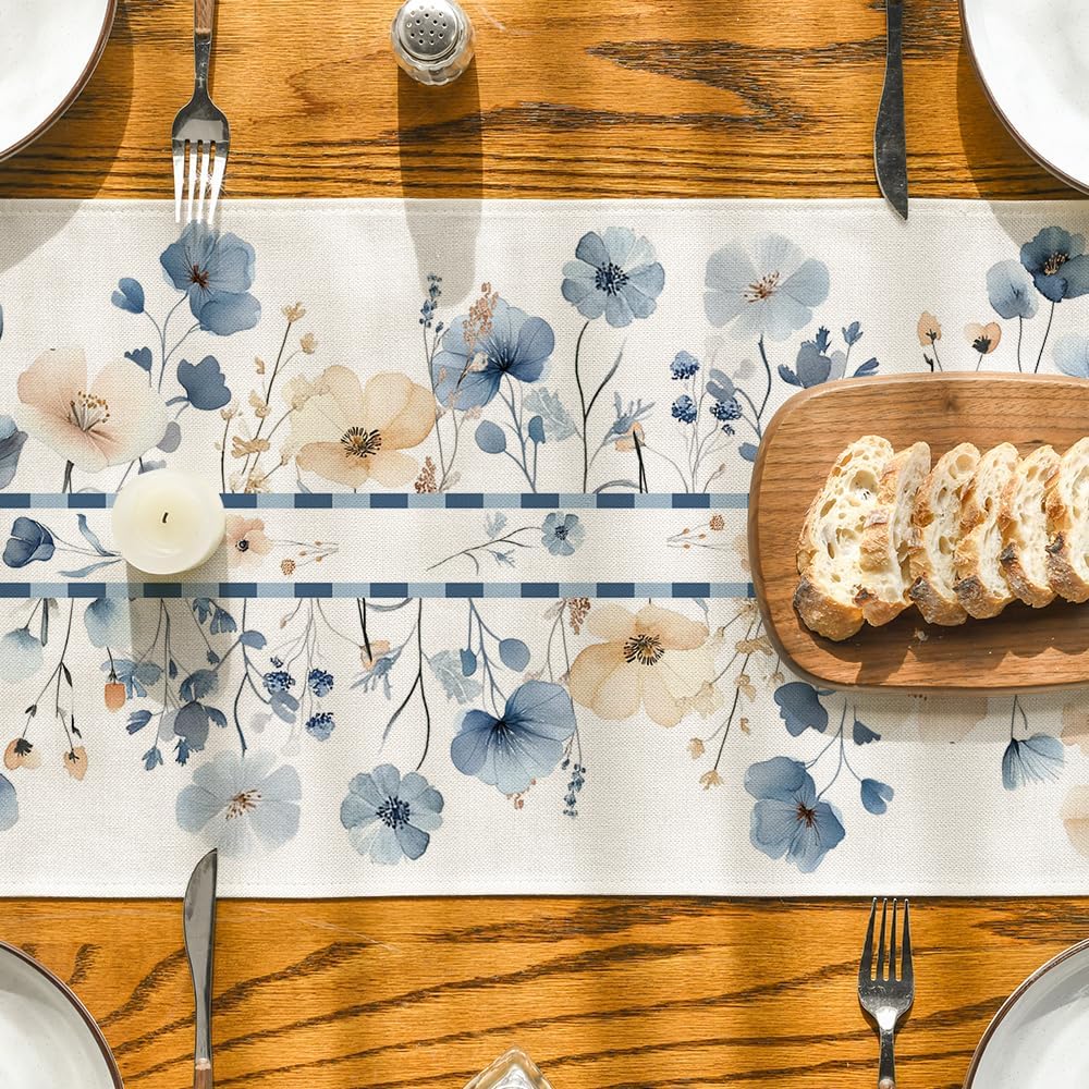 Bloom Flowers Floral Weeds Spring Table Runner, Seasonal Summer Kitchen Dining Table Decoration for Home Party Decor 13x72 Inch
