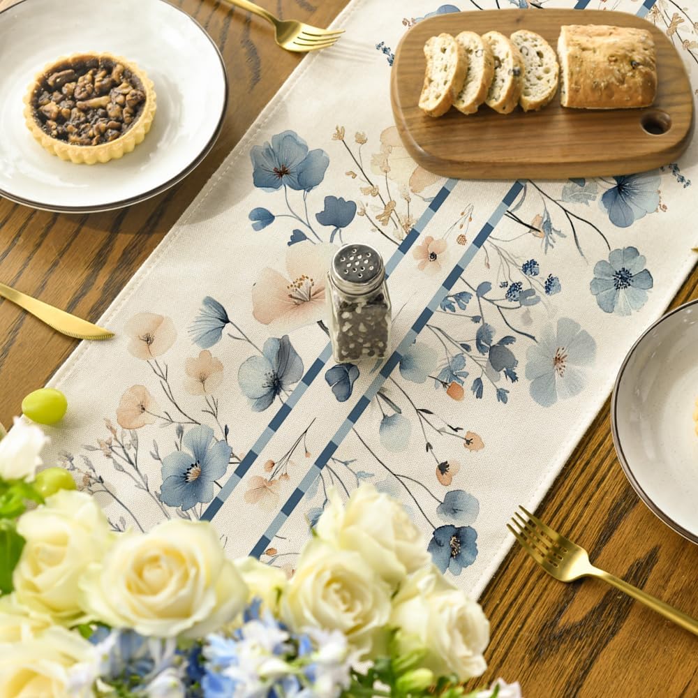 Bloom Flowers Floral Weeds Spring Table Runner, Seasonal Summer Kitchen Dining Table Decoration for Home Party Decor 13x72 Inch