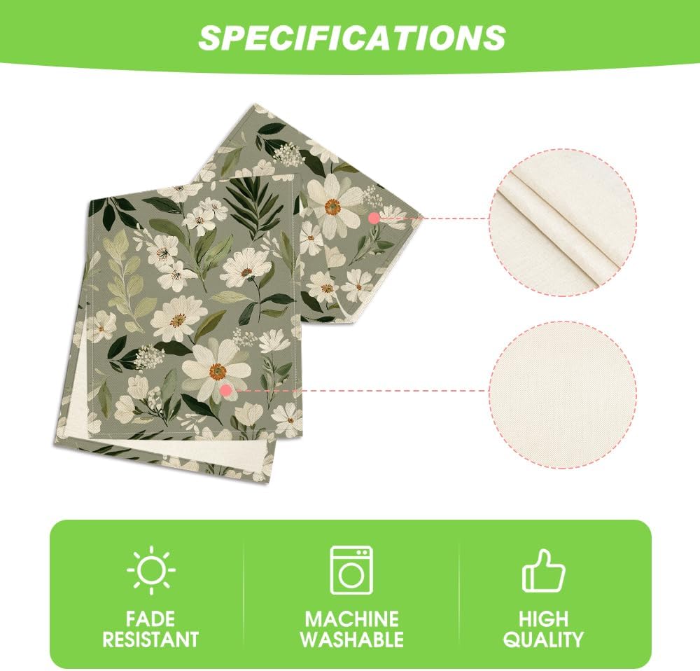 Olive Green Daisy Flowers 210 GSM Spring Table Runner, Seasonal Summer Kitchen Dining Table Decoration for Home Party Decor 13x72 Inch