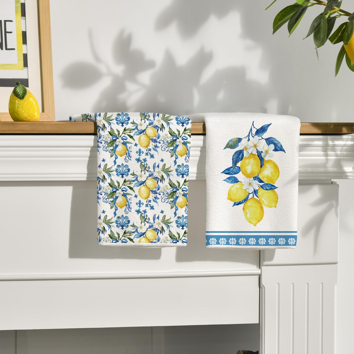 Lemon Flowers Floral Summer Kitchen Towels Dish Towels, 18x26 Inch Seasonal Decoration Hand Towels Set of 2