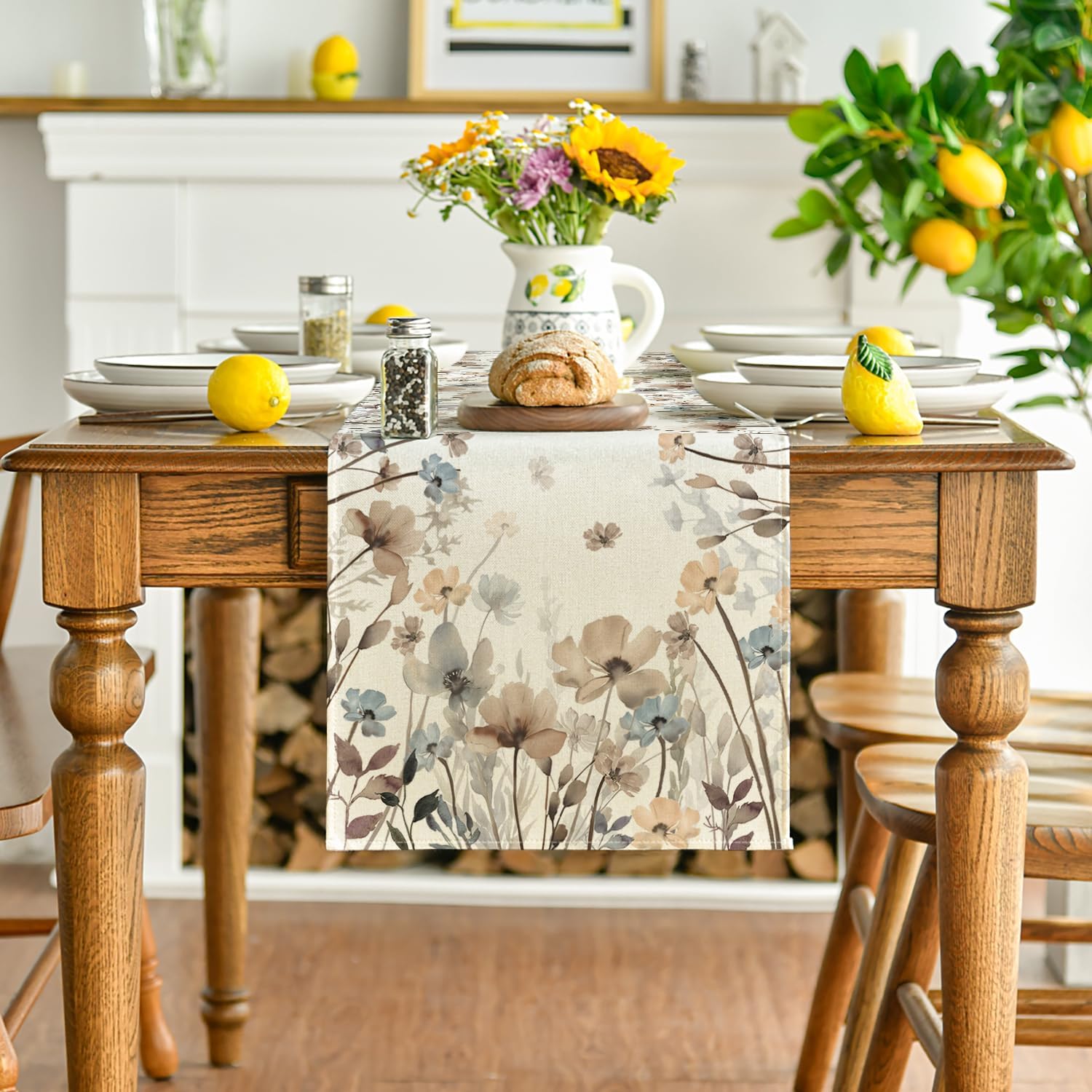 Brown Poppy Flowers Floral Blossom Summer Table Runner, Fall Kitchen Dining Table Decoration for Home Party Decor 13x72 Inch