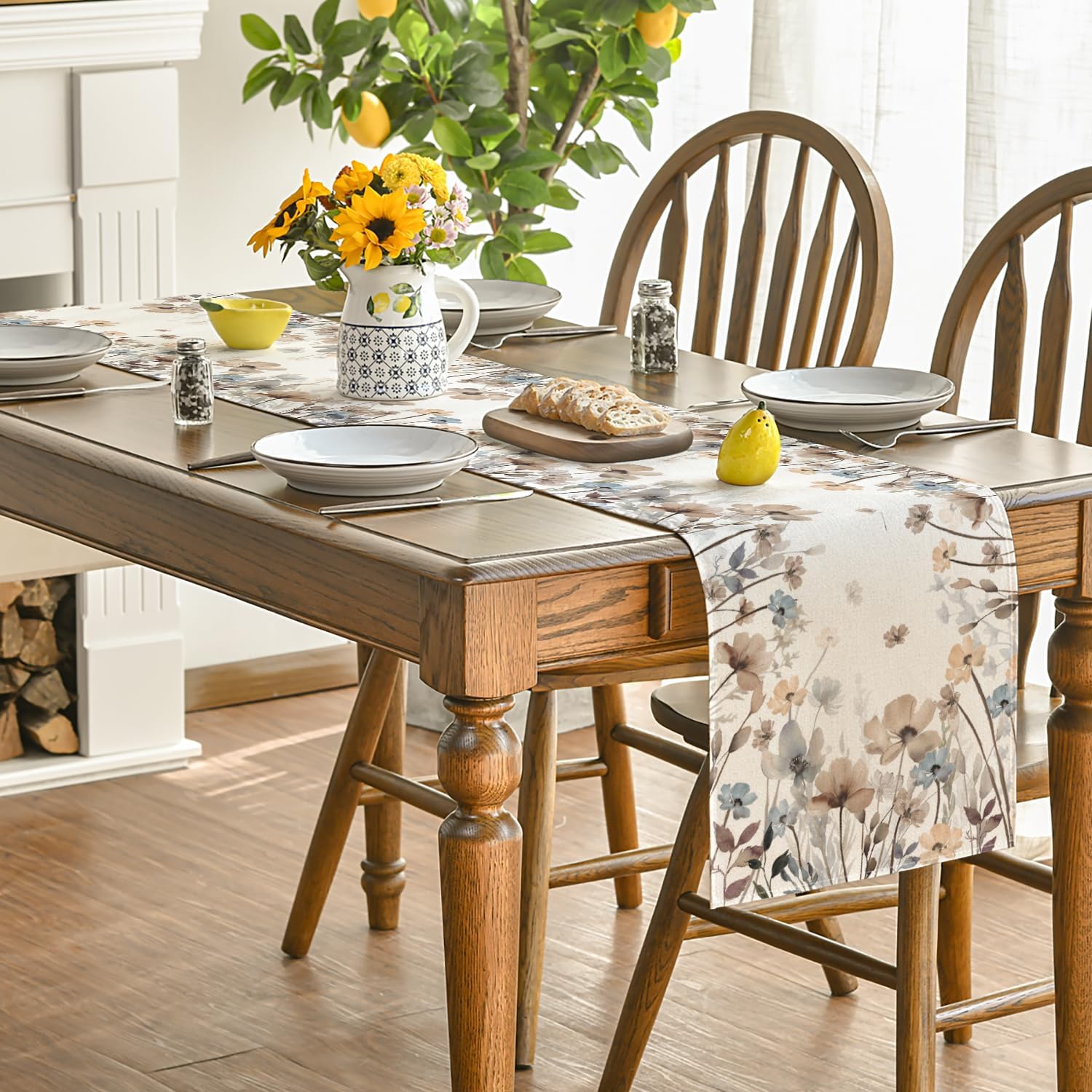 Brown Poppy Flowers Floral Blossom Summer Table Runner, Fall Kitchen Dining Table Decoration for Home Party Decor 13x72 Inch
