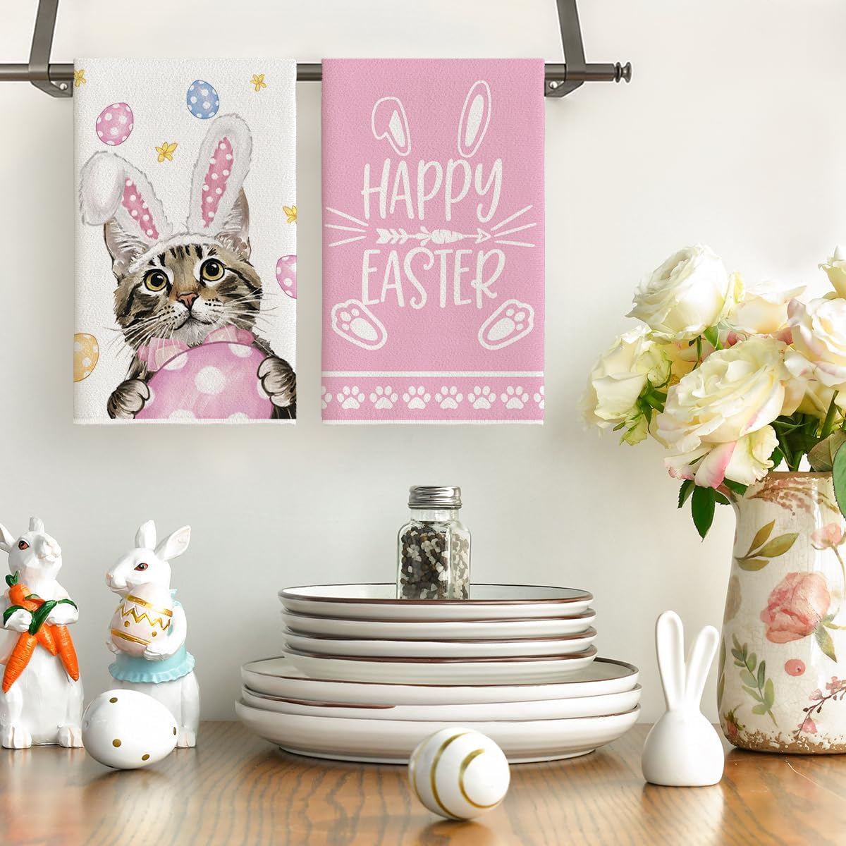 Pink Rabbit Ears Cat Eggs Happy Easter Kitchen Towels Dish Towels, 18x26 Inch Spring Summer Holiday Decoration Hand Towels Set of 2