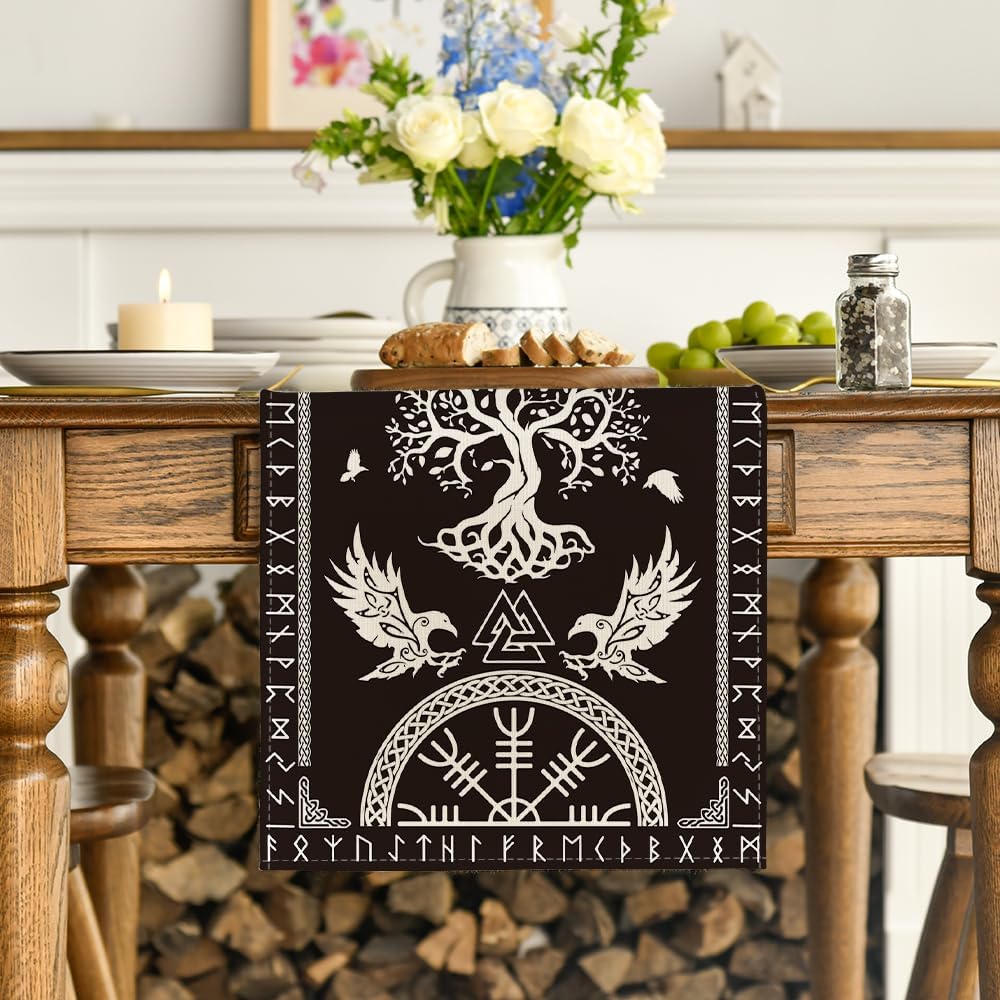 Black Viking Tree of Life Raven Helmet of Awe Table Runner, Seasonal Kitchen Dining Table Decoration for Home Party Decor 13x72 Inch