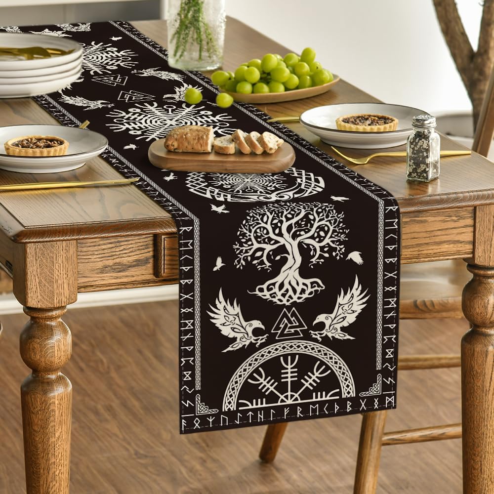 Black Viking Tree of Life Raven Helmet of Awe Table Runner, Seasonal Kitchen Dining Table Decoration for Home Party Decor 13x72 Inch