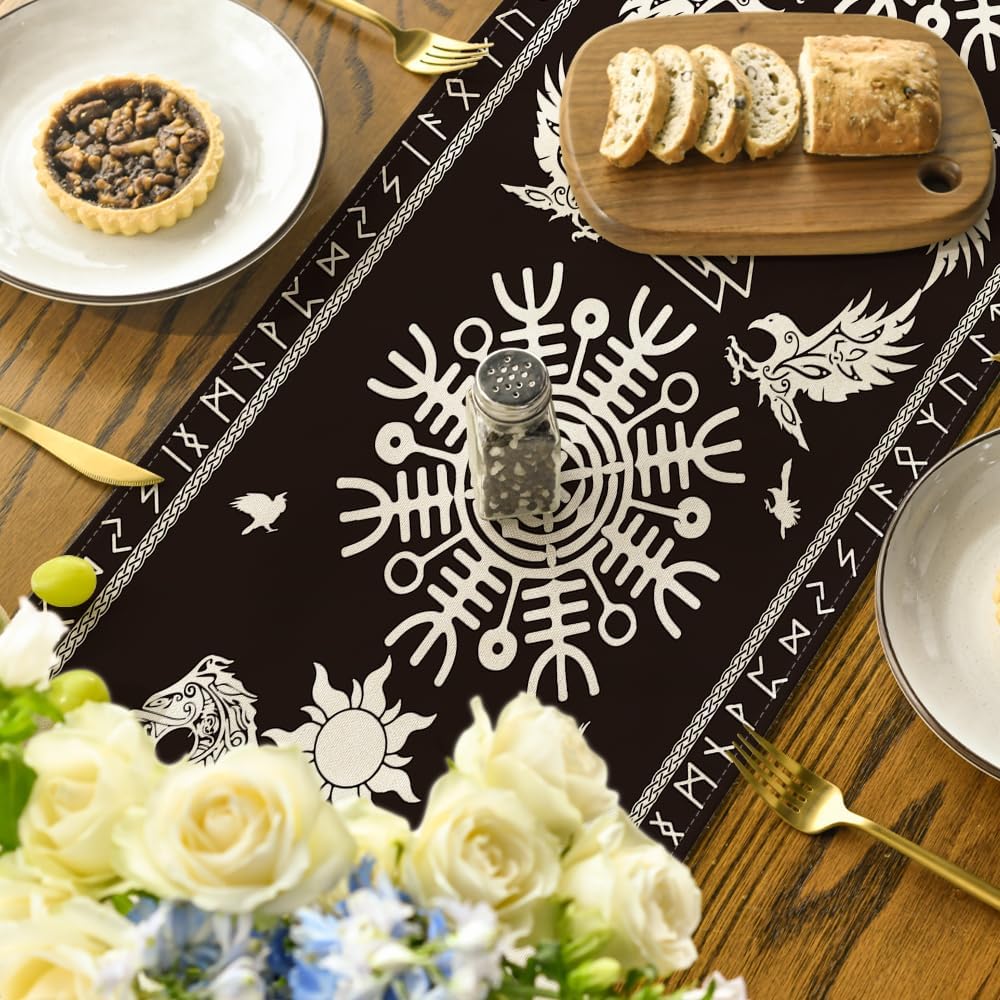 Black Viking Tree of Life Raven Helmet of Awe Table Runner, Seasonal Kitchen Dining Table Decoration for Home Party Decor 13x72 Inch