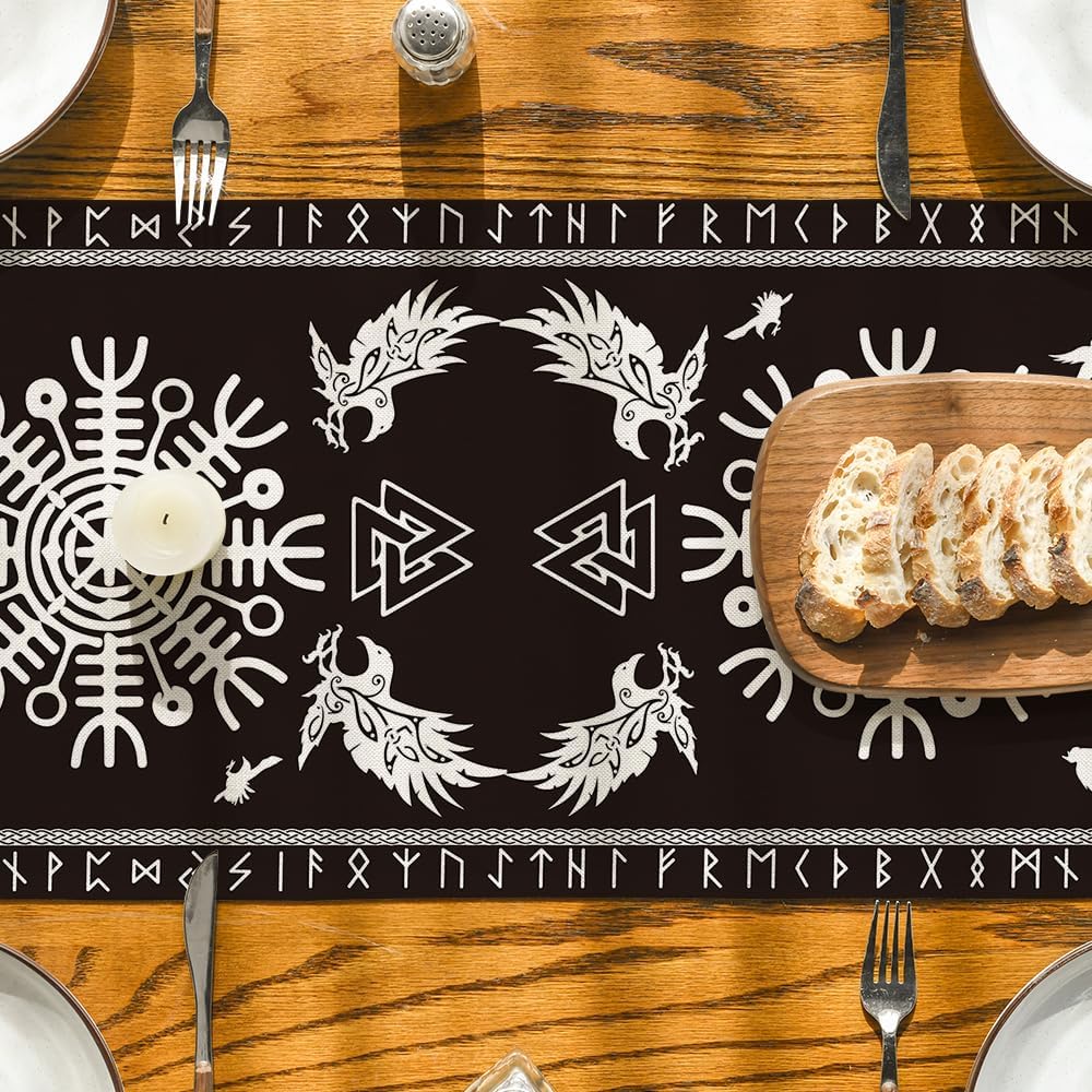 Black Viking Tree of Life Raven Helmet of Awe Table Runner, Seasonal Kitchen Dining Table Decoration for Home Party Decor 13x72 Inch