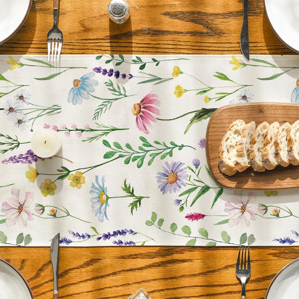 Wildflowers Floral Eucalyptus Spring Table Runner, Seasonal Summer Kitchen Dining Table Decoration for Home Party Decor 13x72 Inch