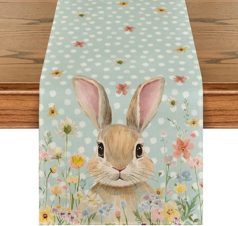 Bunny Rabbit Floral Polka Dot Happy Easter Table Runner,Seasonal Spring Kitchen Dining Table Decoration for Home Party Decor 13x72 Inch