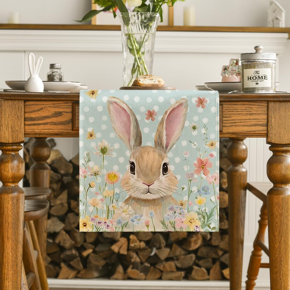 Bunny Rabbit Floral Polka Dot Happy Easter Table Runner,Seasonal Spring Kitchen Dining Table Decoration for Home Party Decor 13x72 Inch