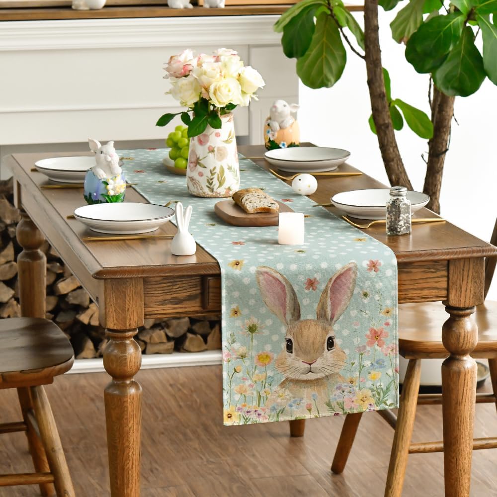 Bunny Rabbit Floral Polka Dot Happy Easter Table Runner,Seasonal Spring Kitchen Dining Table Decoration for Home Party Decor 13x72 Inch