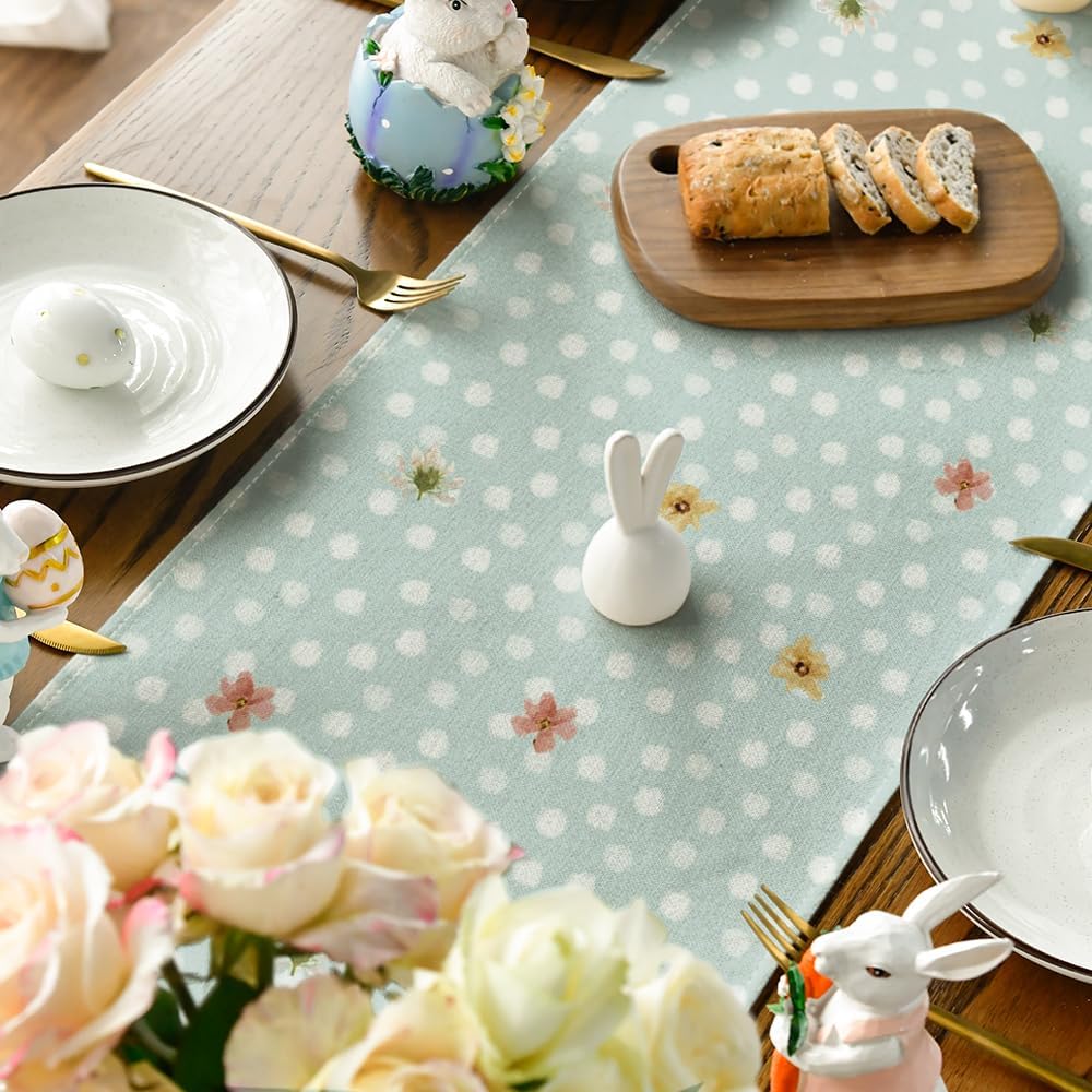 Bunny Rabbit Floral Polka Dot Happy Easter Table Runner,Seasonal Spring Kitchen Dining Table Decoration for Home Party Decor 13x72 Inch