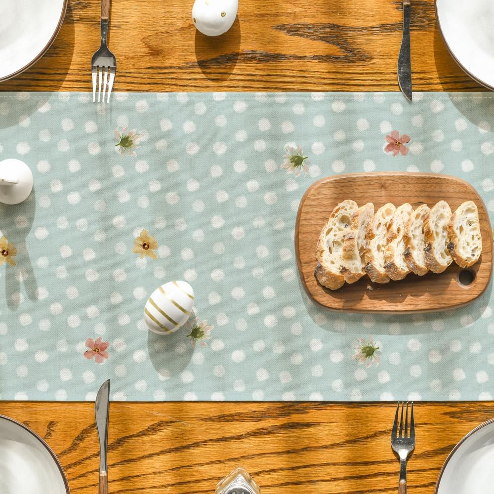 Bunny Rabbit Floral Polka Dot Happy Easter Table Runner,Seasonal Spring Kitchen Dining Table Decoration for Home Party Decor 13x72 Inch