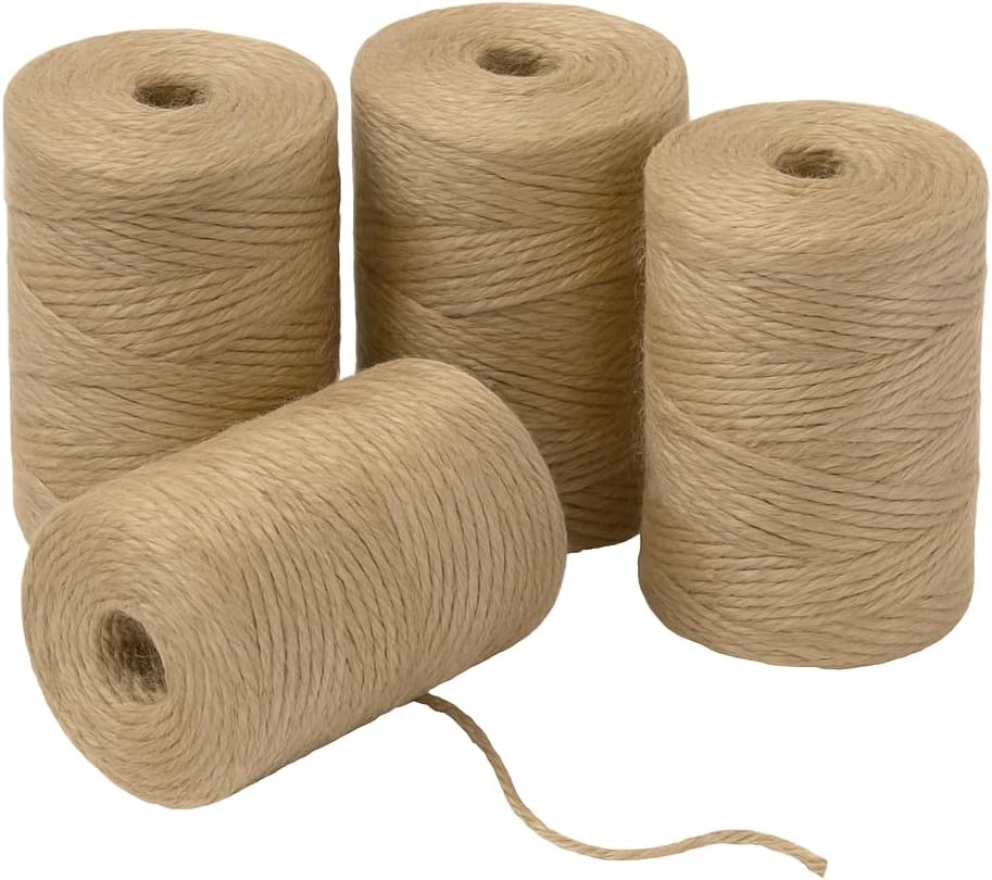 4 Pack Natural Jute Twine String 328 ft Each , 3-Ply Durable Brown Craft Twine for Gardening, Gift Wrapping, Flower Bouquet, Arts & Crafts, Hemp & Burlap String for DIY Projects