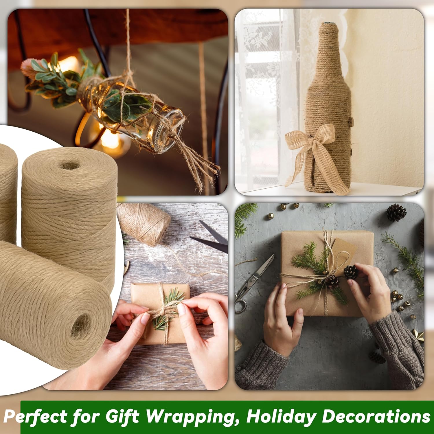 4 Pack Natural Jute Twine String 328 ft Each , 3-Ply Durable Brown Craft Twine for Gardening, Gift Wrapping, Flower Bouquet, Arts & Crafts, Hemp & Burlap String for DIY Projects